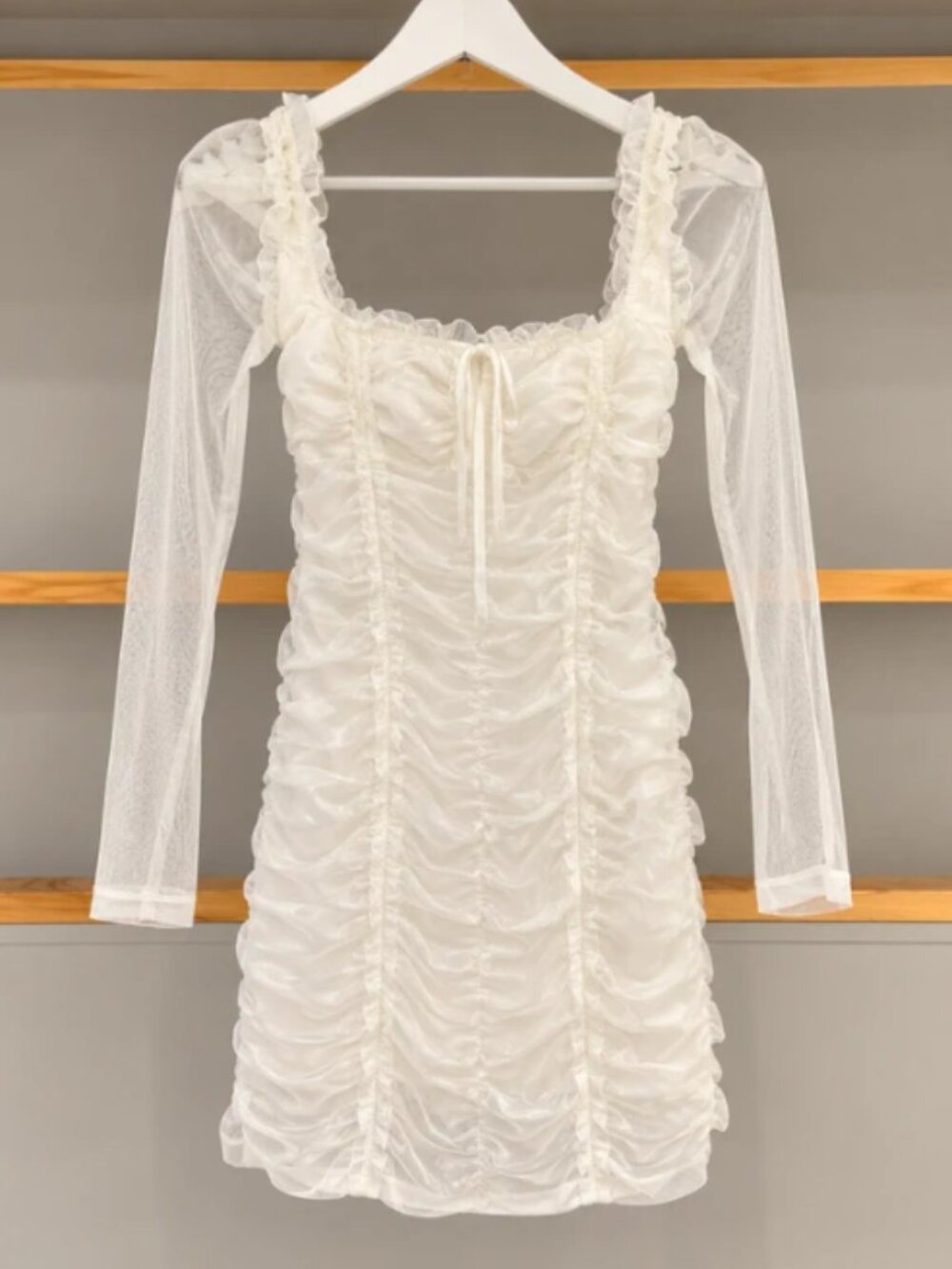 Fashion Nova White Ruched Mesh Long Sleeve Mini Dress – Size XL – NWT